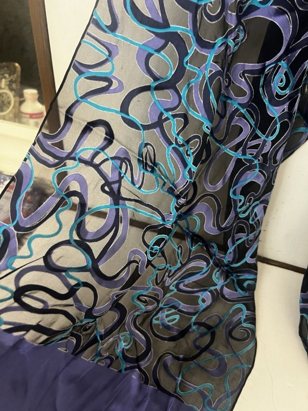 Diane Von Furstenberg Burnout Velvet Scarf / Wrap Silk Purple Teal - Picture 2 of 7